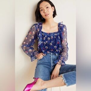 Anthropologie Eva Franco Dalia Mesh Ruffled Top Blue Sheer Floral Small NWT